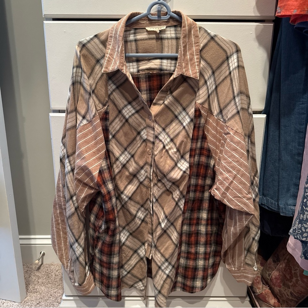 Promesa Multi-Pattern Plaid Button Down Shirt - Tan, Brown, and Red
